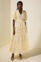 Lace Splicing Puff Sleeve Midi Dress