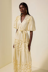 Lace Splicing Puff Sleeve Midi Dress