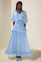 Frill Gathering Puff Sleeve Maxi Dress