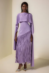 Solid Satin Tassel Maxi Dress With Cape