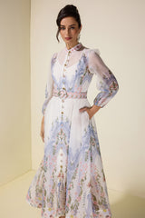 Floral Single Breasted Long Sleeve Midi Dress With Belt