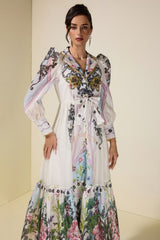Floral Lace-Up Tailored Collar Maxi Dress
