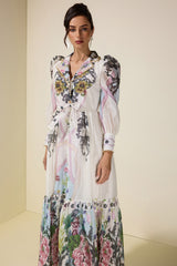 Floral Lace-Up Tailored Collar Maxi Dress