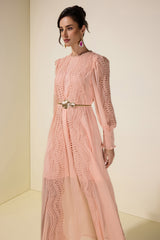 Chiffon Lace Midi Dress With Metal Belt