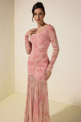 Burnout Velour Gathering Sweetheart Neck Midi Dress