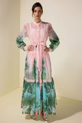 Botanical Print Single Breasted Maxi Dress With Belt