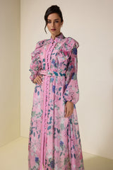 Floral Frill Midi Dress With Belt