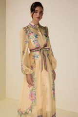 Floral Flapped Single Breasted Midi Dress With Belt