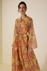 Paisley Print Stand Collar Lace Midi Dress With Belt