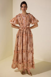 Satin Abstract Print Maxi Dress With Belt