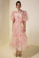 Tie Dye Puff Sleeve Ruffle Midi Dress