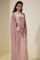 Satin Cape Sleeve Rhinestone Maxi Dress