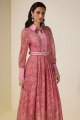 Lace Rivet Shirt Collar Midi Dress With Belt