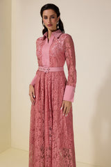 Lace Rivet Shirt Collar Midi Dress With Belt