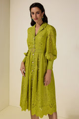 Lace Splicing Embroidered Single Breasted Midi Dress With Belt