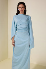 Jersey Gathering Cape Sleeve Maxi Dress