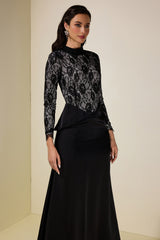 Satin Splicing Lace Long Sleeve Maxi Dress