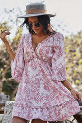 Floral V-Neck Mid Sleeve Backless Lace Up Ruffle Hem Mini Dress