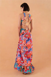 Floral Lace Up Ruffle Hem Maxi Dress