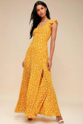 Flutter Sleeve V-Neck Slit Maxi Dress