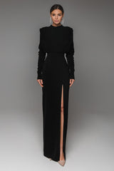 Solid High Split Long Sleeve Midi Dress