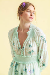 V-Neck Long Sleeve Embroidery Maxi Dress