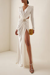 V-Neck Long Sleeve Split Solid Midi Dress