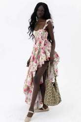 Floral Sweetheart Neck Frill Midi Dress