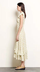 Floral Jacquard V-Neck Ruffle Midi Dress