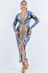 Paisley Print Ruched Long Sleeve Midi Dress
