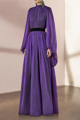 Solid Ruched Lantern Sleeve Midi Dress