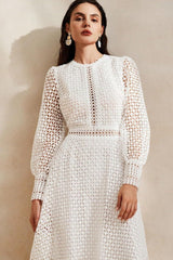 Solid Lace Lantern Sleeve Midi Dress