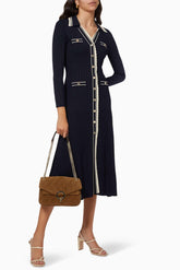 Jersey Metal Button Long Sleeve Midi Dress