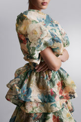 Floral Puff Sleeve Tiered Midi Dress
