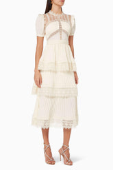 Solid Lace Ruffle Midi Dress