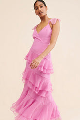 Solid Chiffon Ruffle Midi Dress