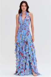 Floral Halter Neck Ruffle Maxi Dress