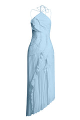 Pleated Frill Halter Neck Midi Dress