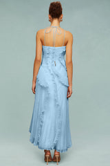 Pleated Frill Halter Neck Midi Dress
