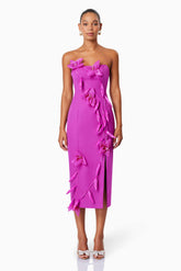 3D Flower Strapless Split Midi Dress