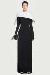 Jersey Contrast Color Long Sleeve Midi Dress With Cape