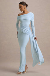 Skew Collar Solid Jersey Long Sleeve Maxi Dress
