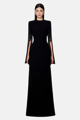 Rivet Round Neck Long Sleeve Slit Maxi Dress