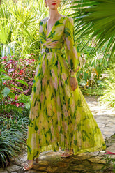 Floral V-Neck Pleated Midi Dress With Belt