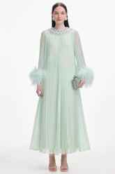 Rivet Feather Splicing Round Neck Midi Dress