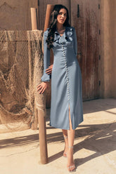 Solid Ruffle Faux Pearl Midi Dress
