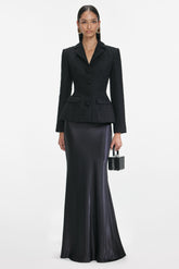 Tweed Single Breasted Tailored Collar Blazer & Satin Maxi Skirt Set