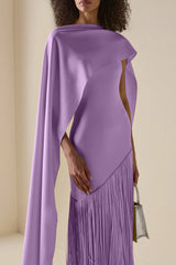 Solid Satin Tassel Maxi Dress With Cape
