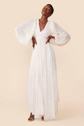 Jacquard Pleated Lantern Sleeve Maxi Dress