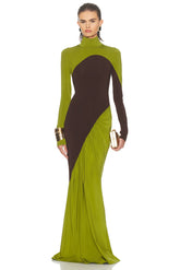 Contrast Color Long Sleeve High Neck Maxi Dress